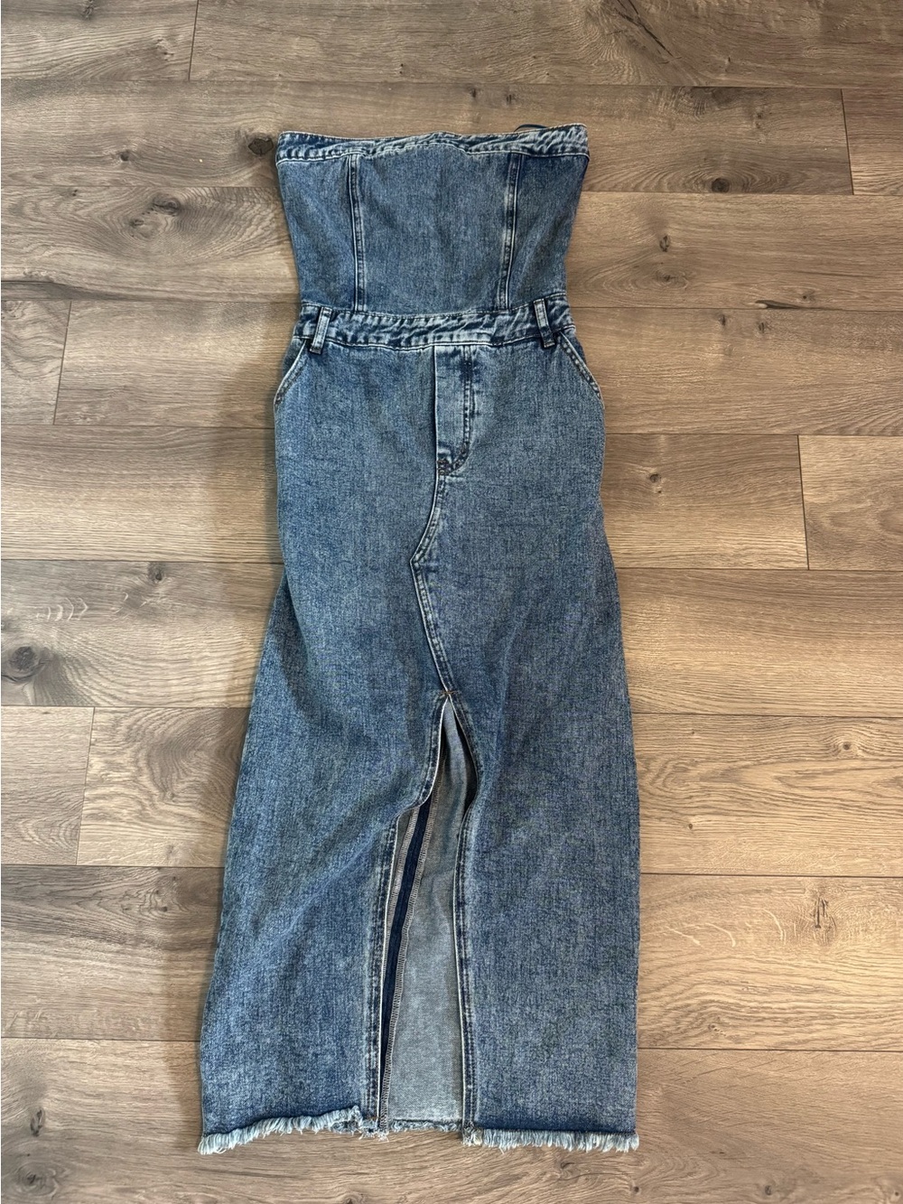 Strapless Denim Maxi Skirt Dress in Blue